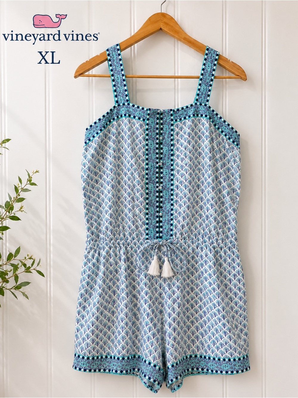Vineyard Vines Womens XL Blue Paisley Print Romper Tassel Tie Sleeveless